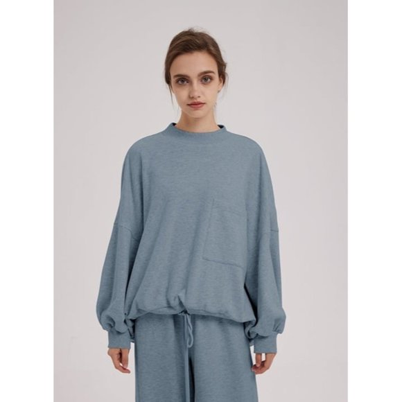 NAP Loungewear Blue Oversized Drawstring Hem Cotton Sweatshirt Mock Neck Sz XS-M - Picture 4 of 6